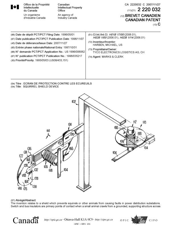Document de brevet canadien 2220032. Page couverture 20071025. Image 1 de 2