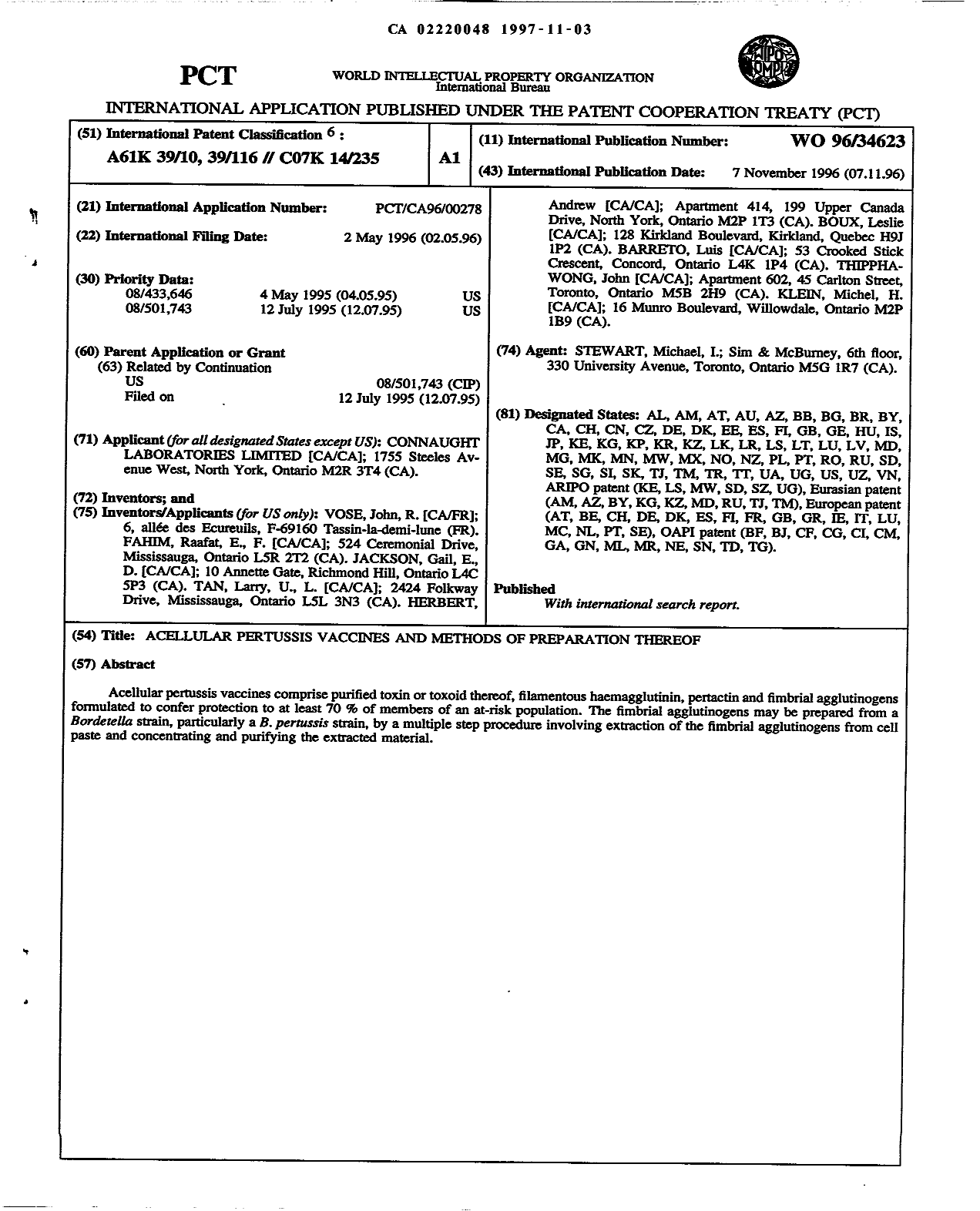 Document de brevet canadien 2220048. Abrégé 19971103. Image 1 de 1