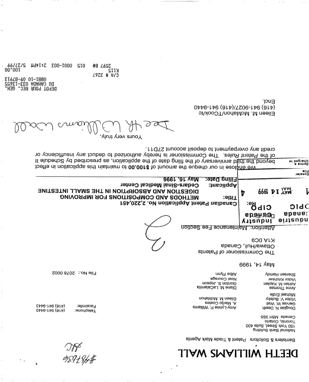 Canadian Patent Document 2220451. Fees 19990514. Image 1 of 1