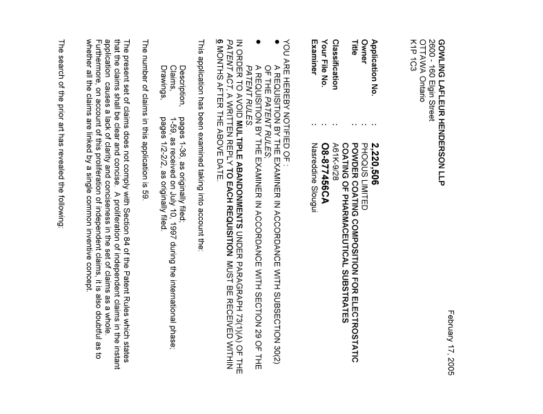 Canadian Patent Document 2220506. Prosecution-Amendment 20041217. Image 1 of 4