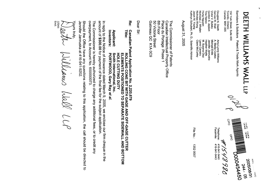 Document de brevet canadien 2220679. Correspondance 20050831. Image 1 de 1