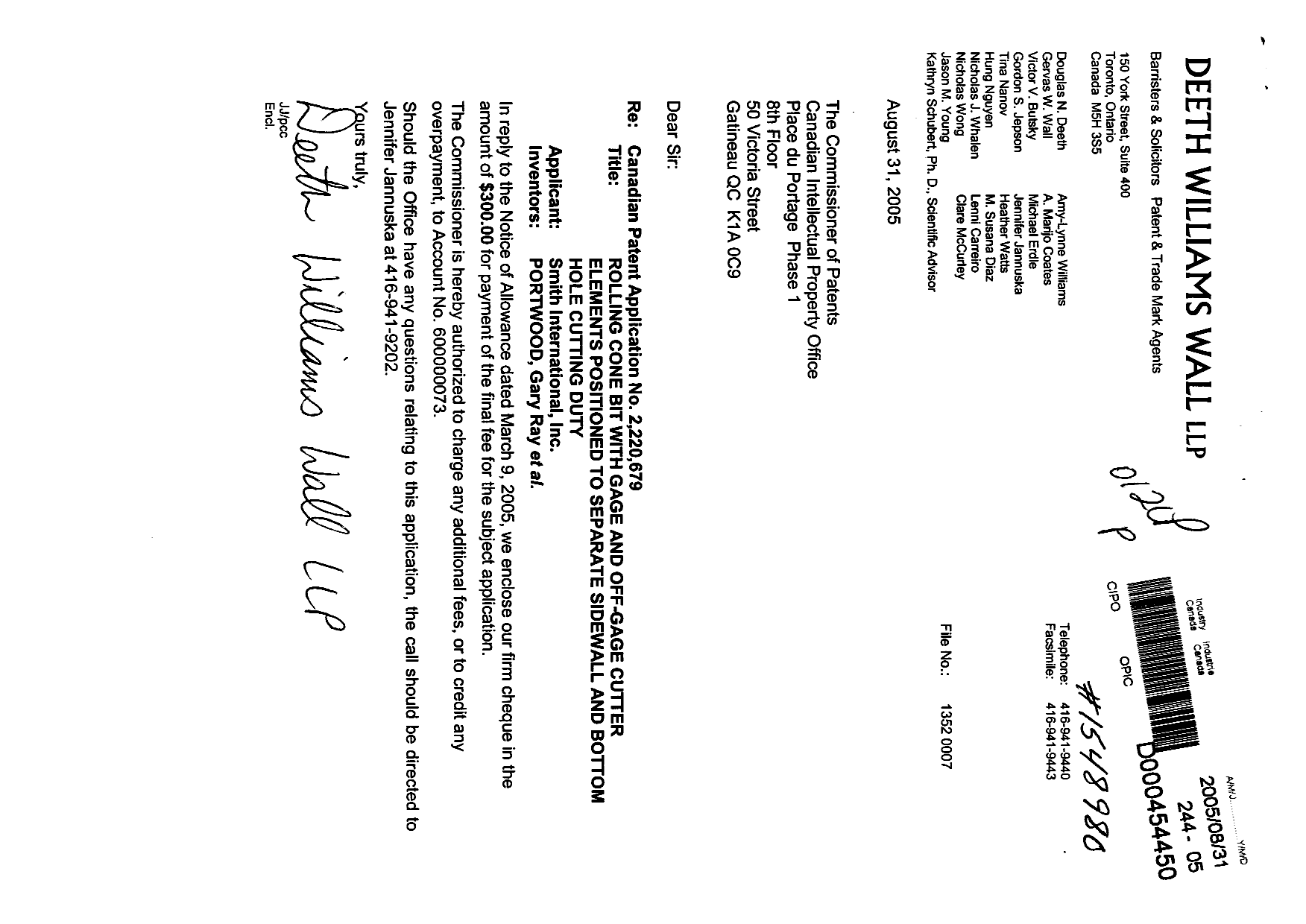 Canadian Patent Document 2220679. Correspondence 20050831. Image 1 of 1