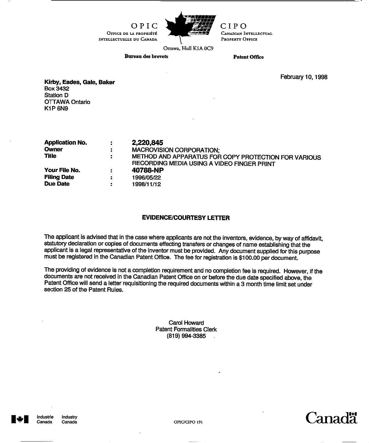 Document de brevet canadien 2220845. Correspondance 19980210. Image 1 de 1