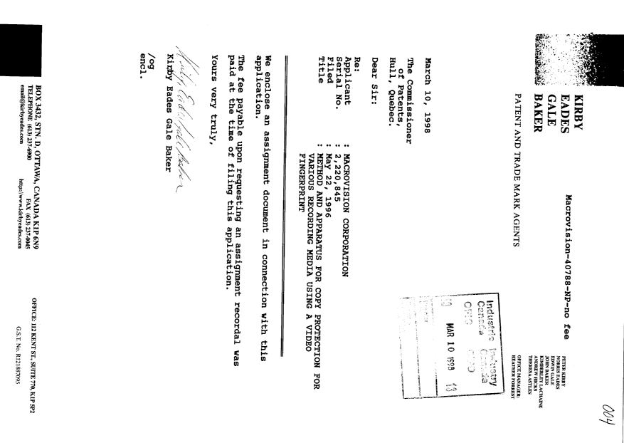 Document de brevet canadien 2220845. Cession 19980310. Image 1 de 2