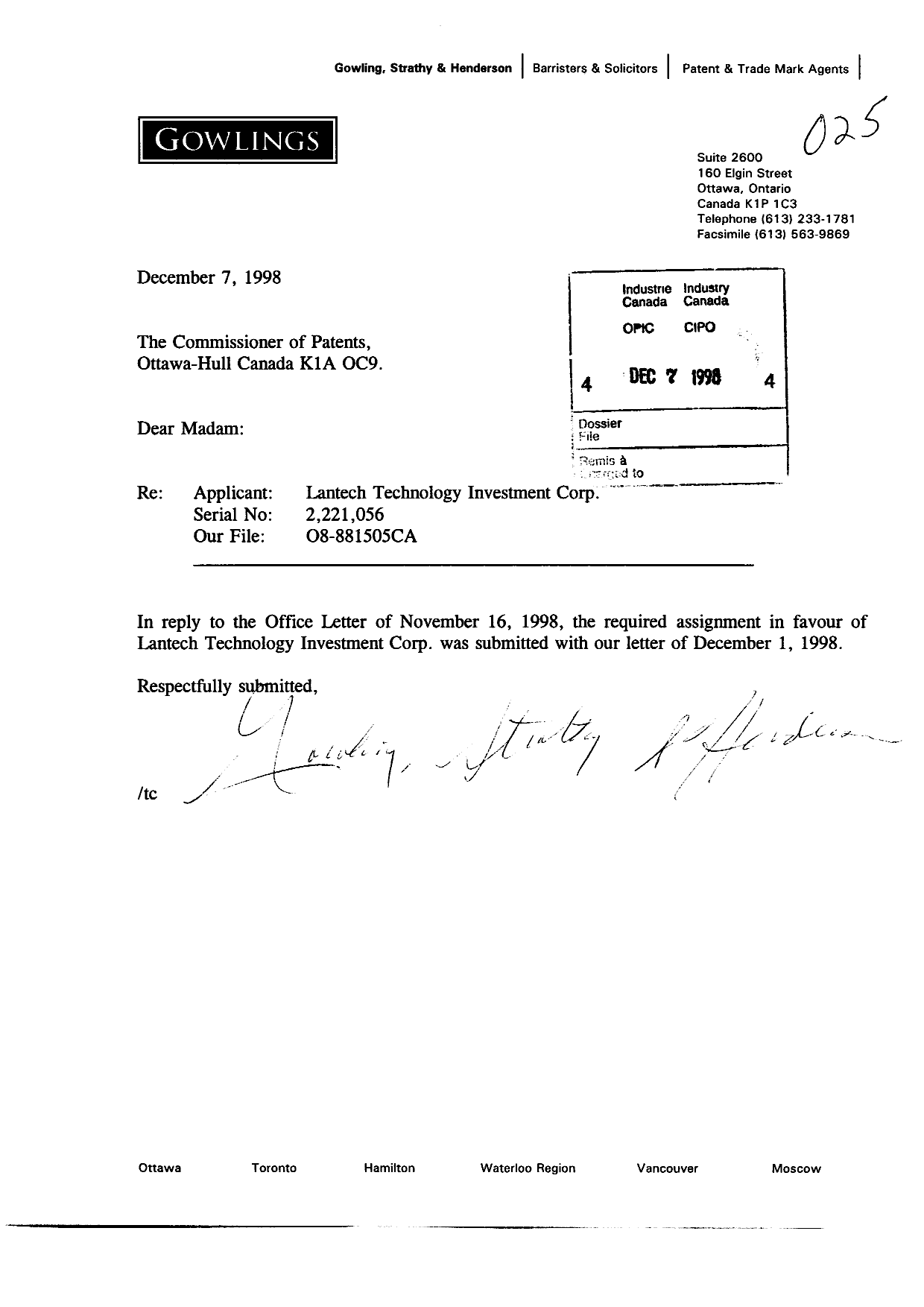 Document de brevet canadien 2221056. Cession 19981207. Image 1 de 1