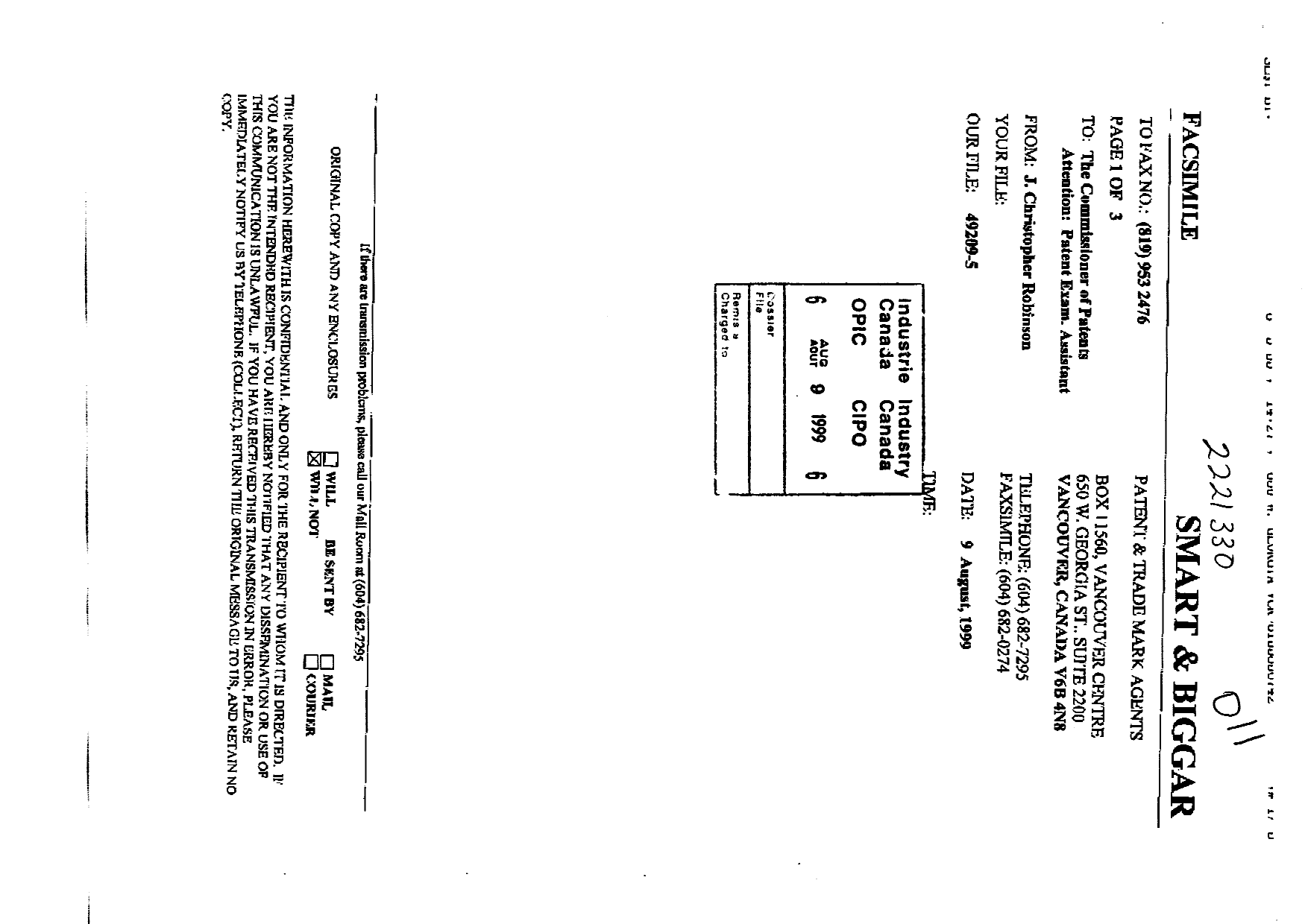Canadian Patent Document 2221330. Prosecution-Amendment 19990809. Image 1 of 3
