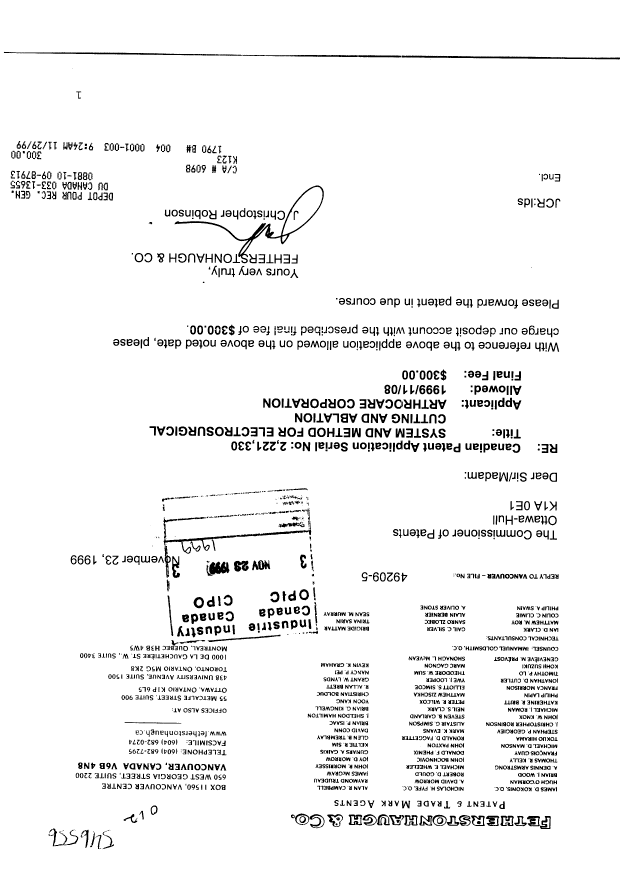 Canadian Patent Document 2221330. Correspondence 19991123. Image 1 of 1