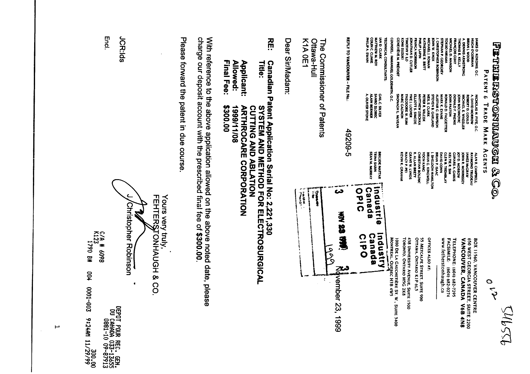 Canadian Patent Document 2221330. Correspondence 19991123. Image 1 of 1