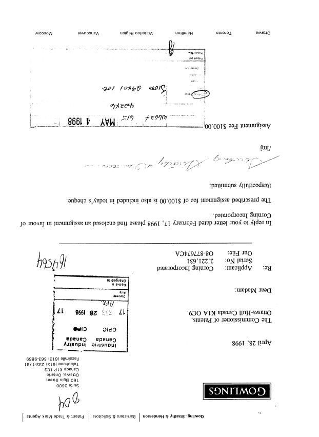 Canadian Patent Document 2221631. Assignment 19980428. Image 1 of 3