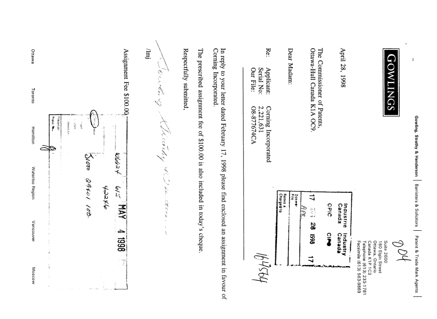 Document de brevet canadien 2221631. Cession 19980428. Image 1 de 3