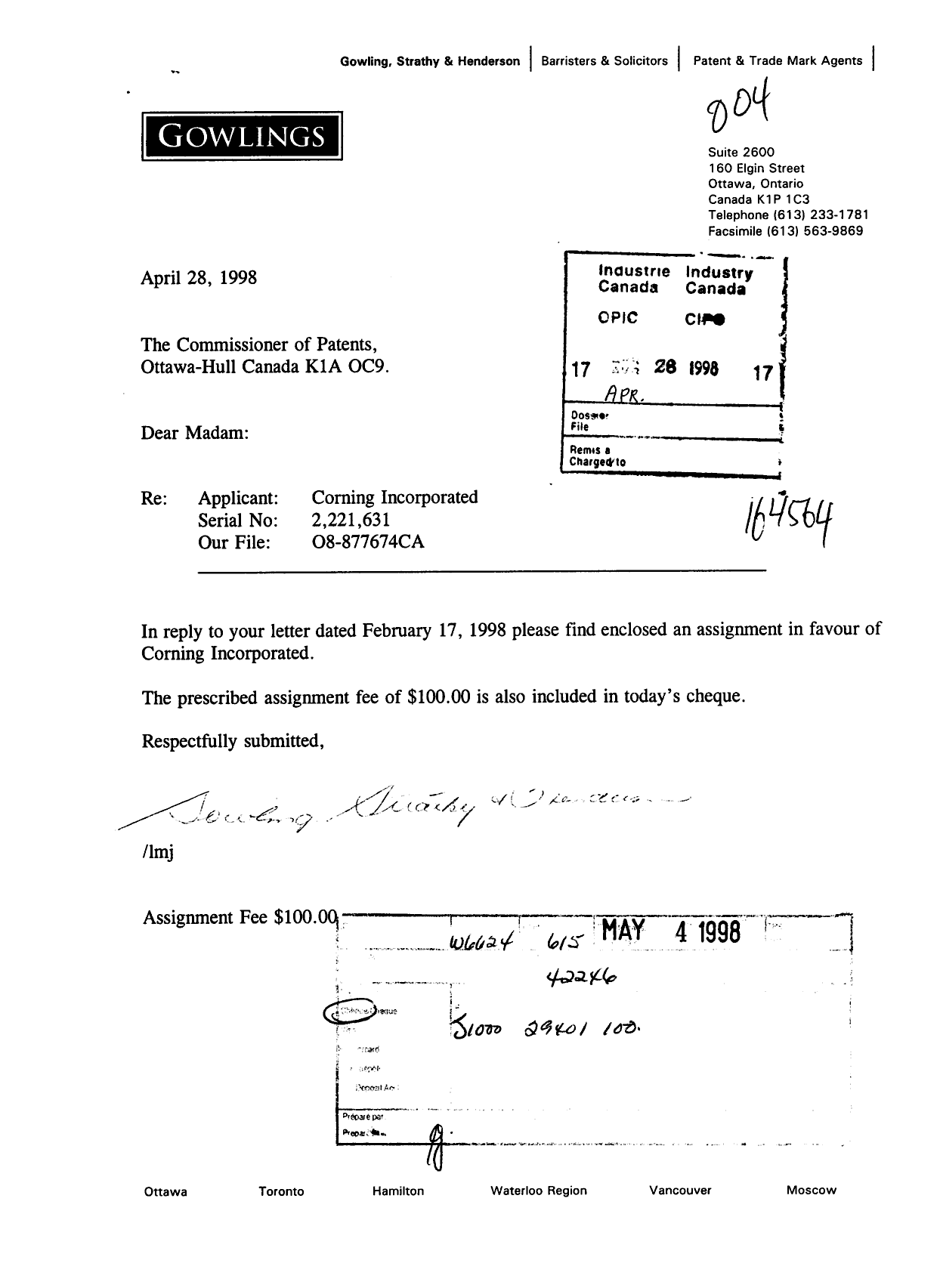 Document de brevet canadien 2221631. Cession 19980428. Image 1 de 3