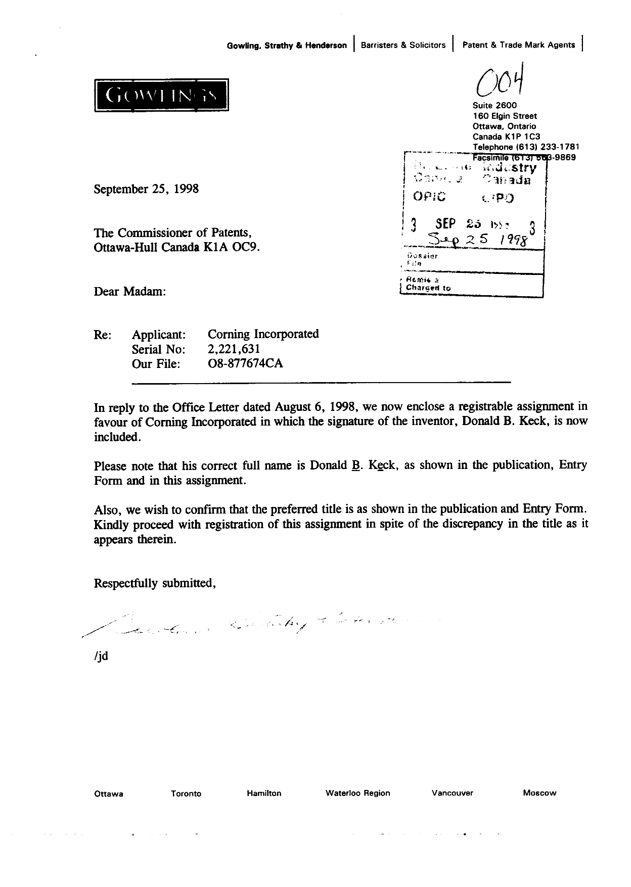 Document de brevet canadien 2221631. Cession 19980925. Image 1 de 7