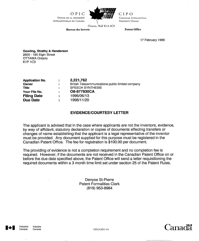 Document de brevet canadien 2221762. Correspondance 19980217. Image 1 de 1