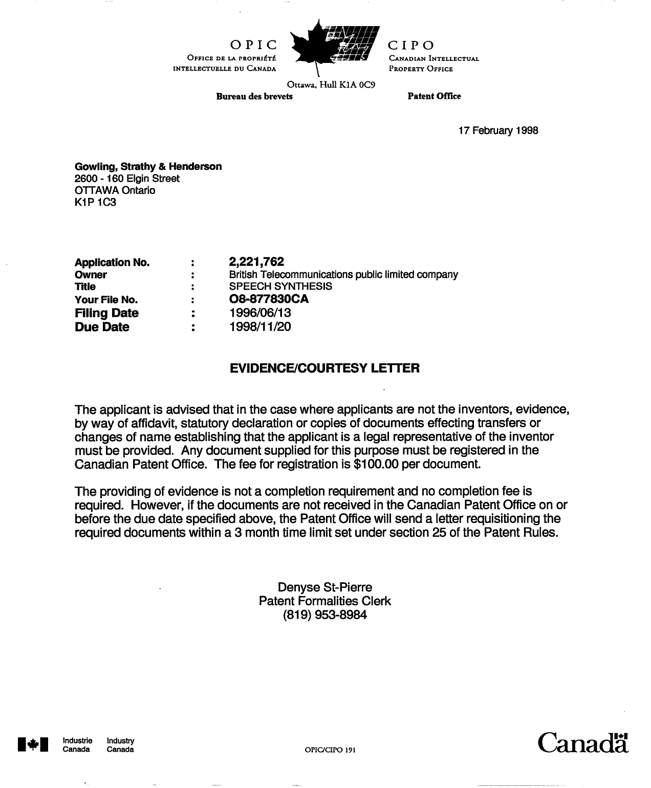 Canadian Patent Document 2221762. Correspondence 19980217. Image 1 of 1