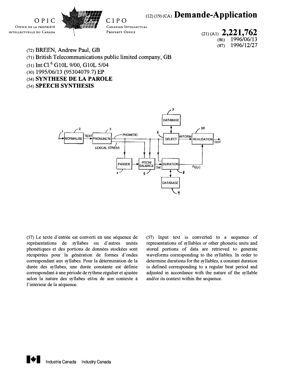 Canadian Patent Document 2221762. Cover Page 19980304. Image 1 of 1