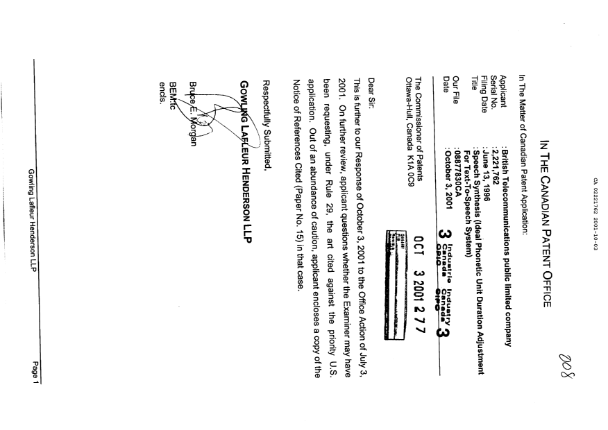 Canadian Patent Document 2221762. Prosecution-Amendment 20011003. Image 1 of 1
