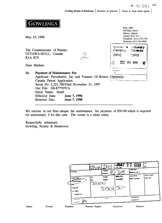 Document de brevet canadien 2221780. Taxes 19980525. Image 1 de 1