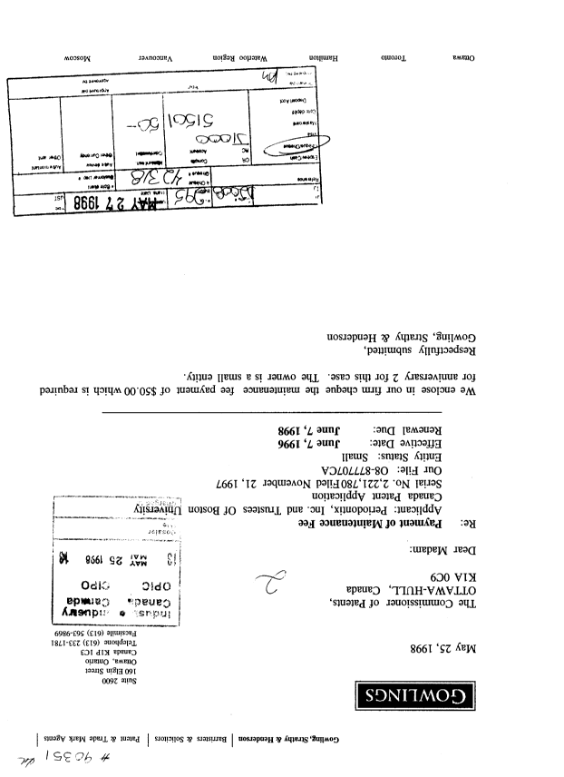 Canadian Patent Document 2221780. Fees 19980525. Image 1 of 1