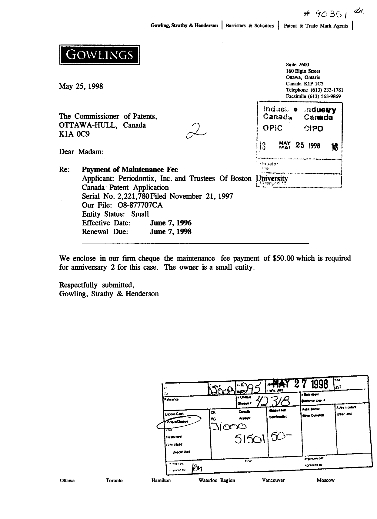 Document de brevet canadien 2221780. Taxes 19980525. Image 1 de 1
