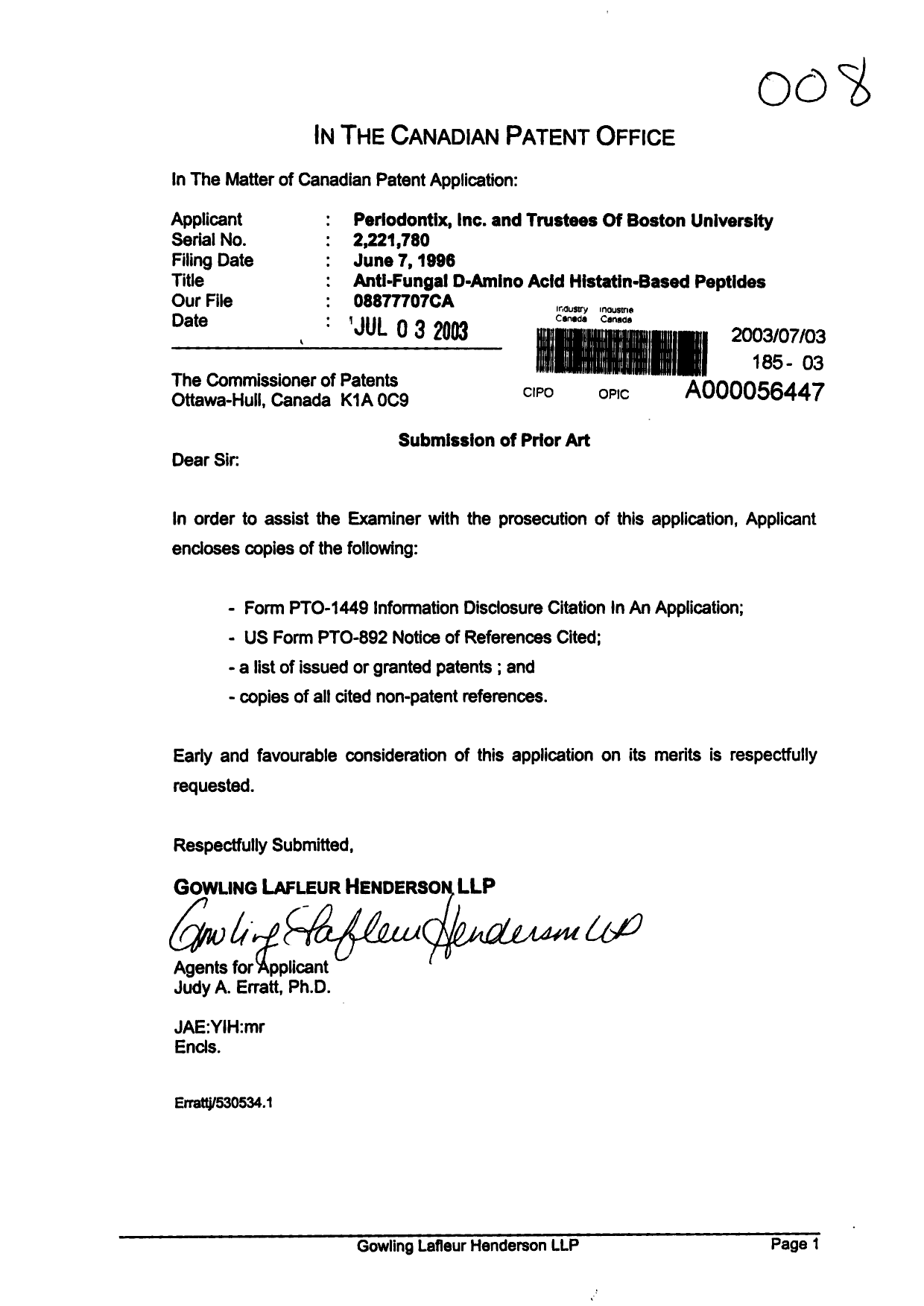 Document de brevet canadien 2221780. Poursuite-Amendment 20030703. Image 1 de 1