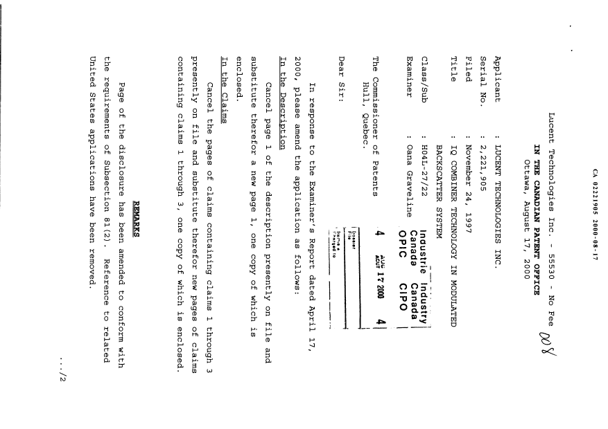 Document de brevet canadien 2221905. Poursuite-Amendment 19991217. Image 1 de 5