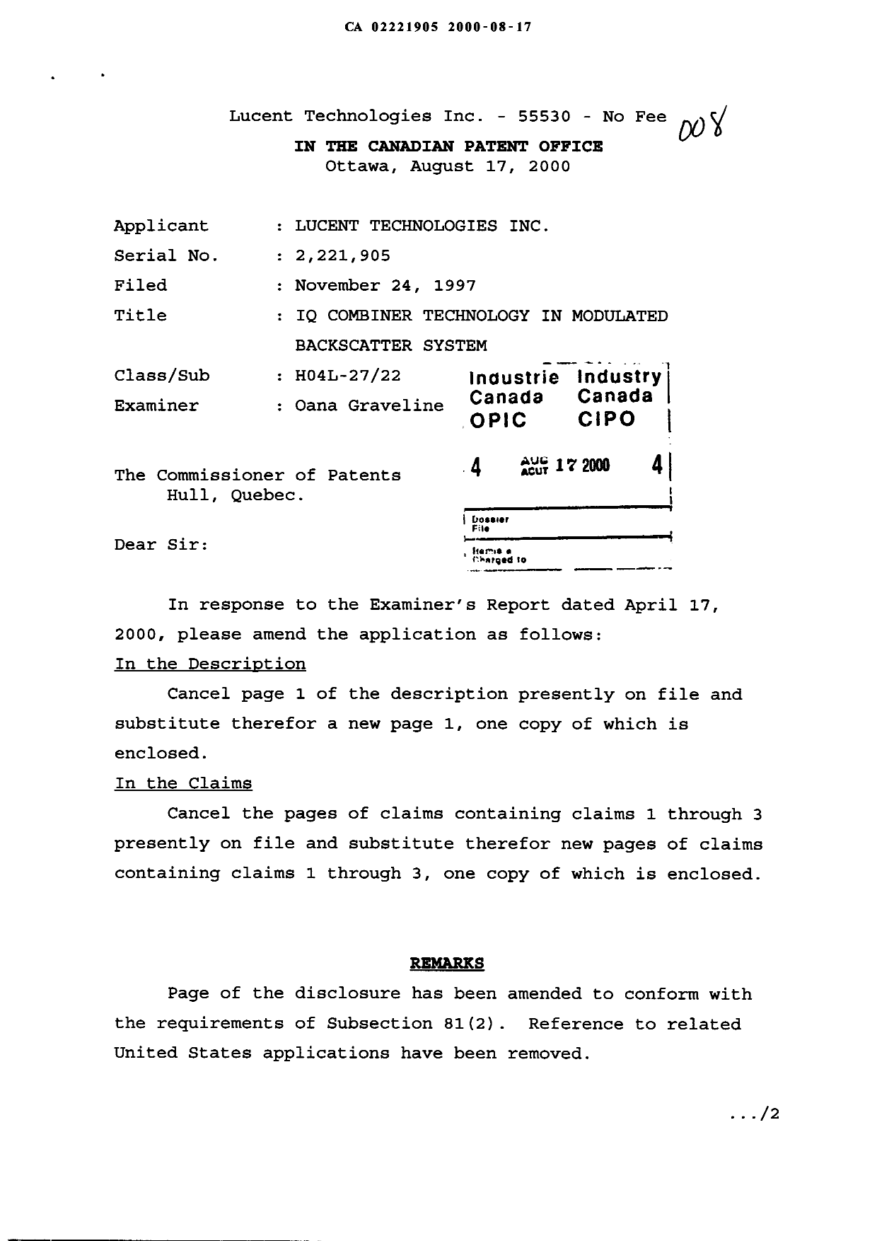 Document de brevet canadien 2221905. Poursuite-Amendment 19991217. Image 1 de 5