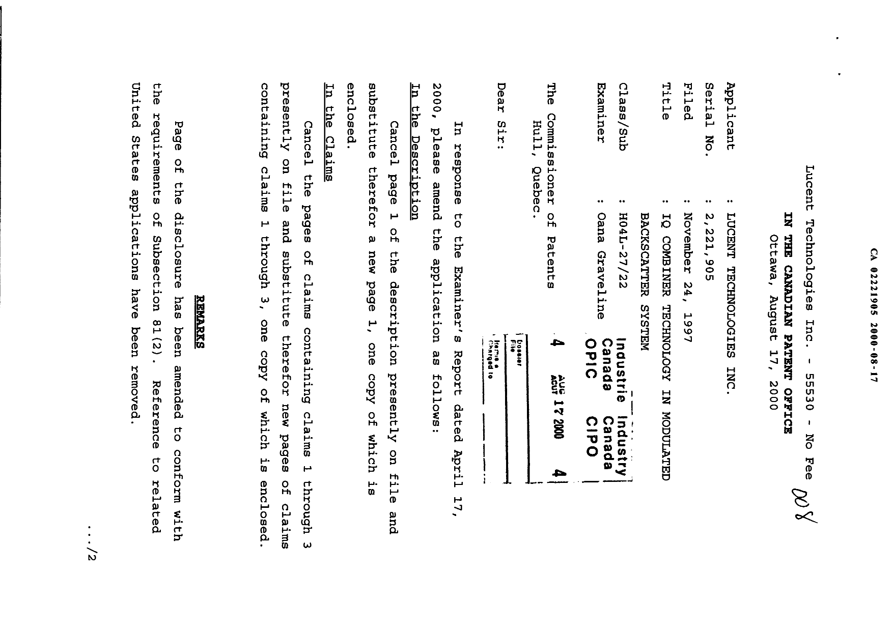 Canadian Patent Document 2221905. Prosecution-Amendment 19991217. Image 1 of 5