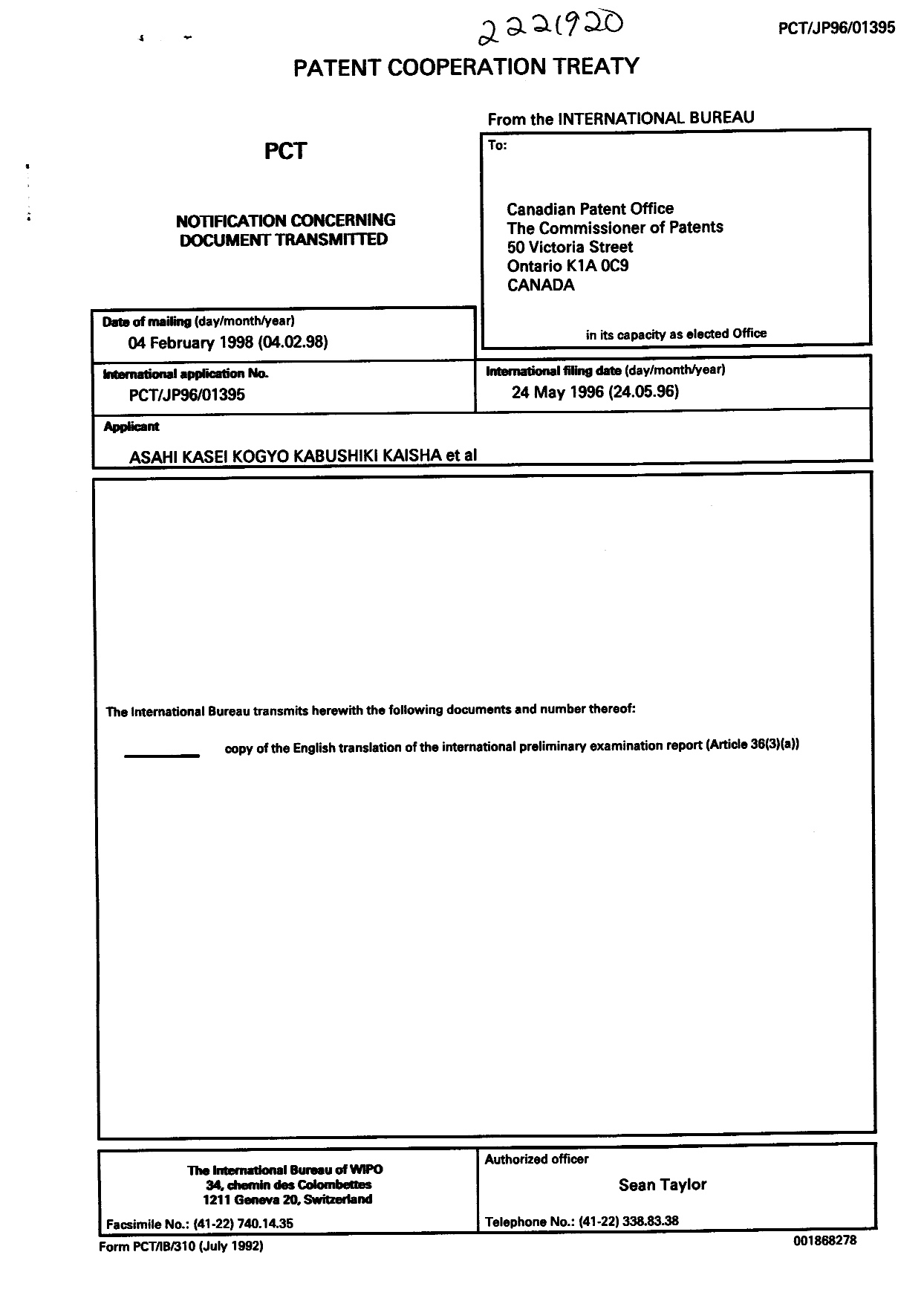 Document de brevet canadien 2221920. PCT 19980204. Image 1 de 5