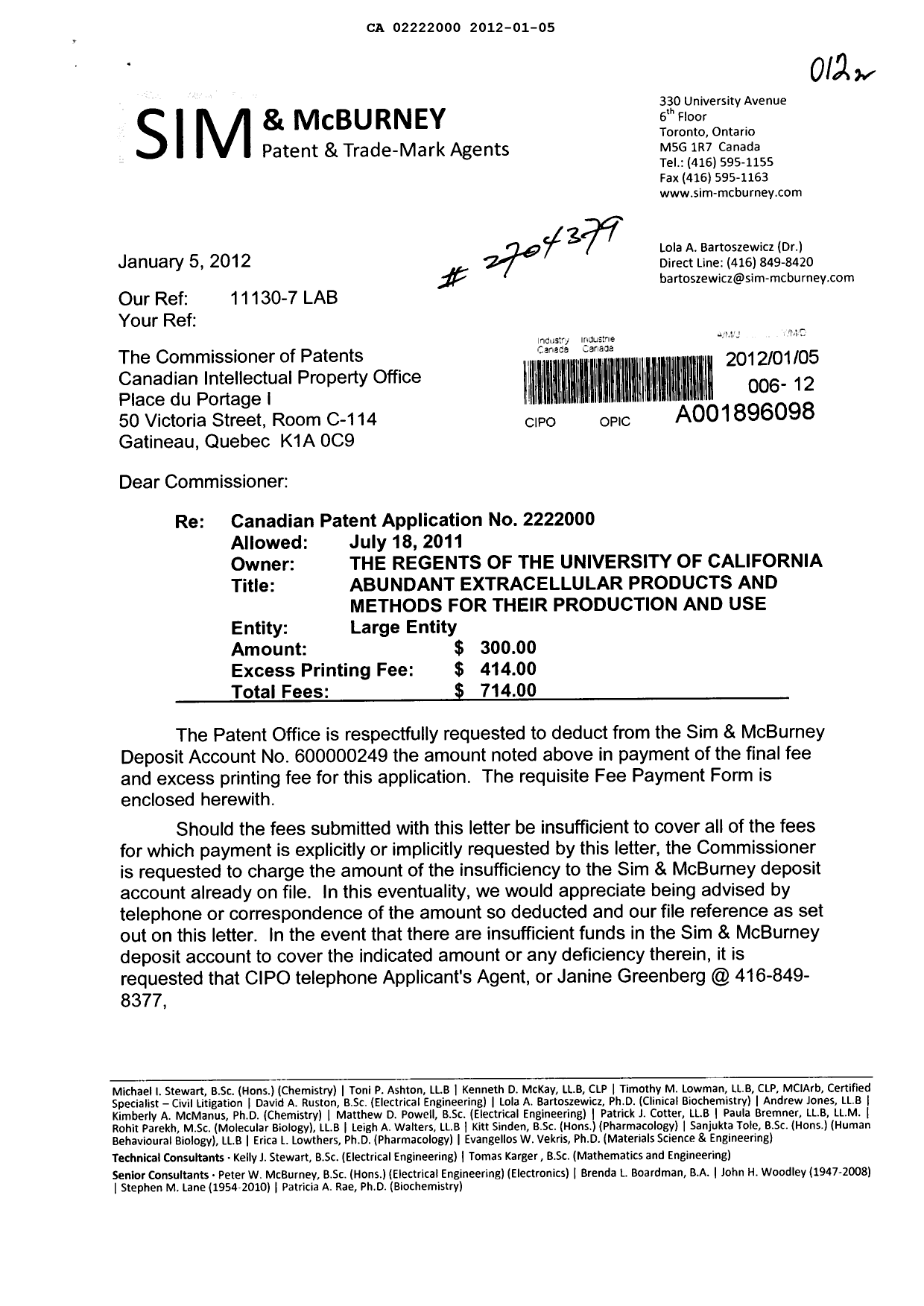 Document de brevet canadien 2222000. Correspondance 20120105. Image 1 de 2