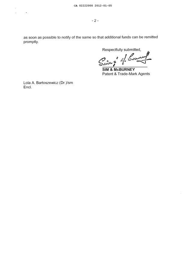 Document de brevet canadien 2222000. Correspondance 20120105. Image 2 de 2