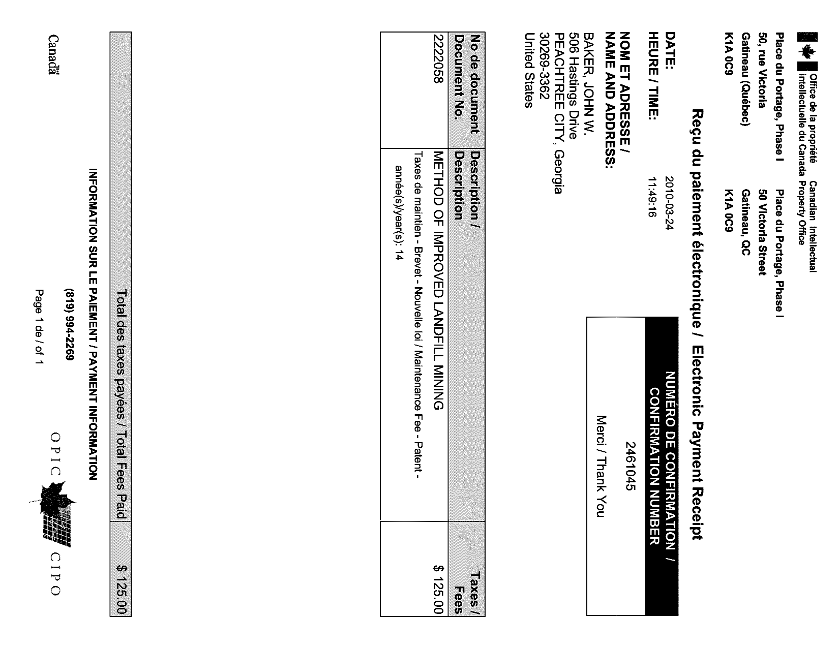 Document de brevet canadien 2222058. Taxes 20100324. Image 1 de 1