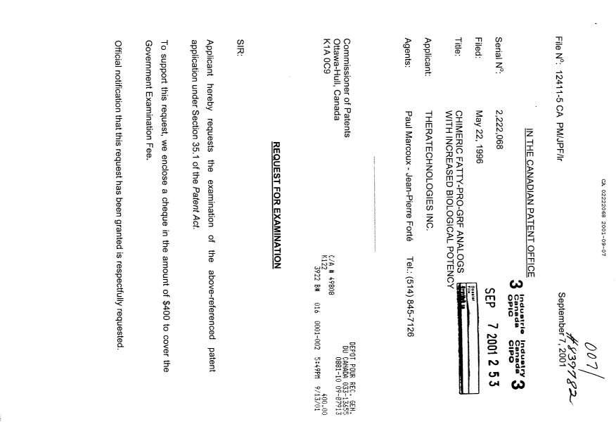 Document de brevet canadien 2222068. Poursuite-Amendment 20010907. Image 1 de 2
