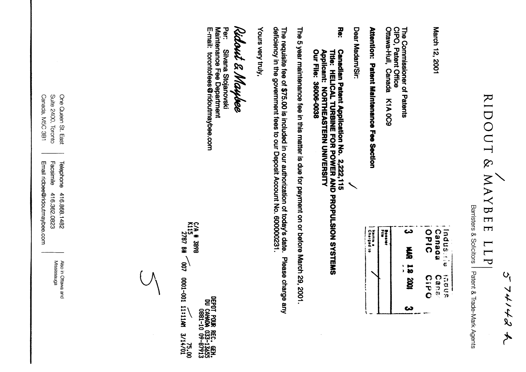 Document de brevet canadien 2222115. Taxes 20010312. Image 1 de 1