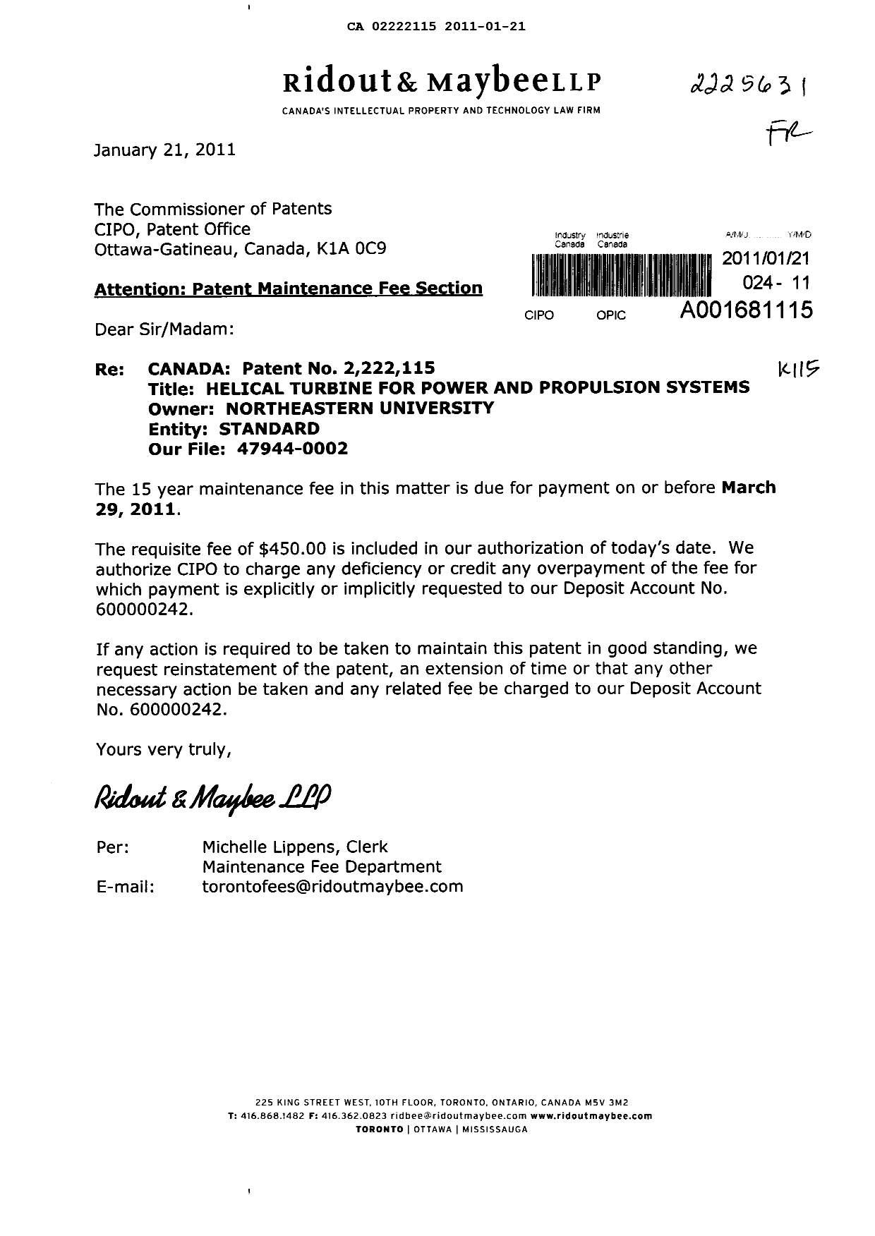 Canadian Patent Document 2222115. Fees 20110121. Image 1 of 1