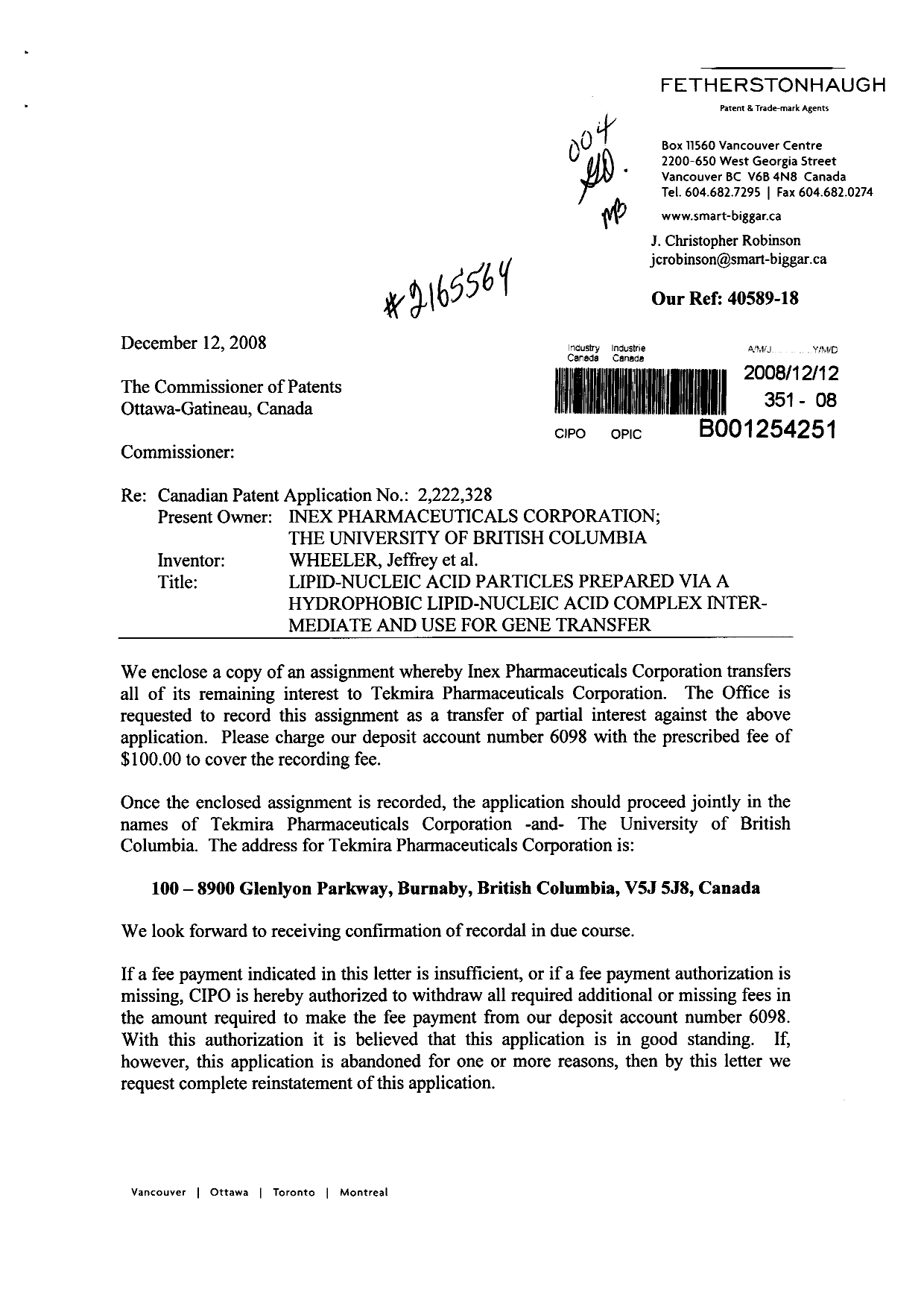 Canadian Patent Document 2222328. Assignment 20081212. Image 1 of 9