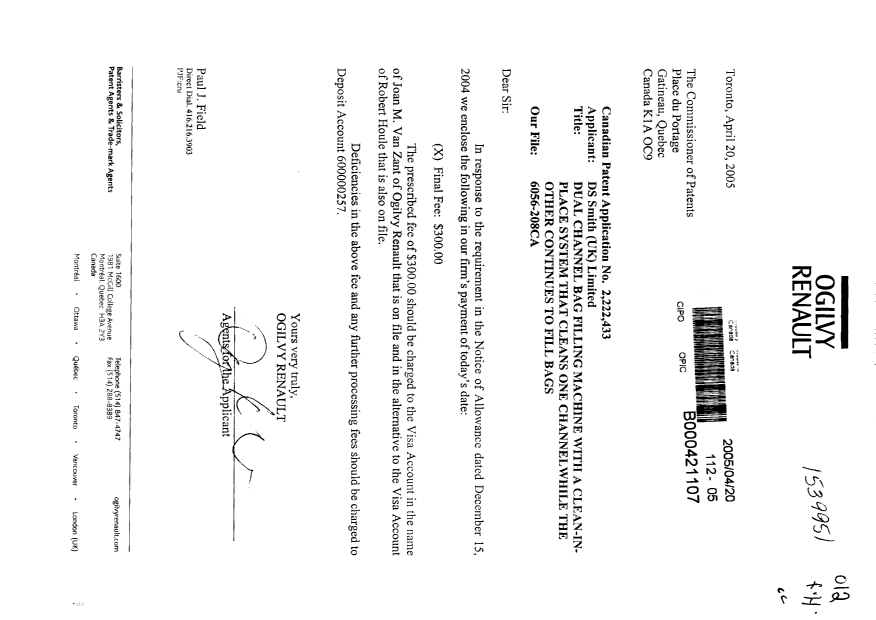 Document de brevet canadien 2222433. Correspondance 20050420. Image 1 de 1