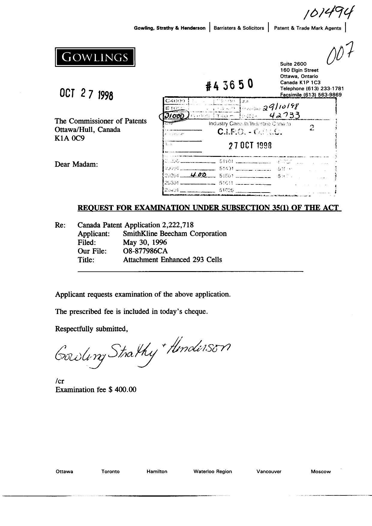 Document de brevet canadien 2222718. Poursuite-Amendment 19981027. Image 1 de 1
