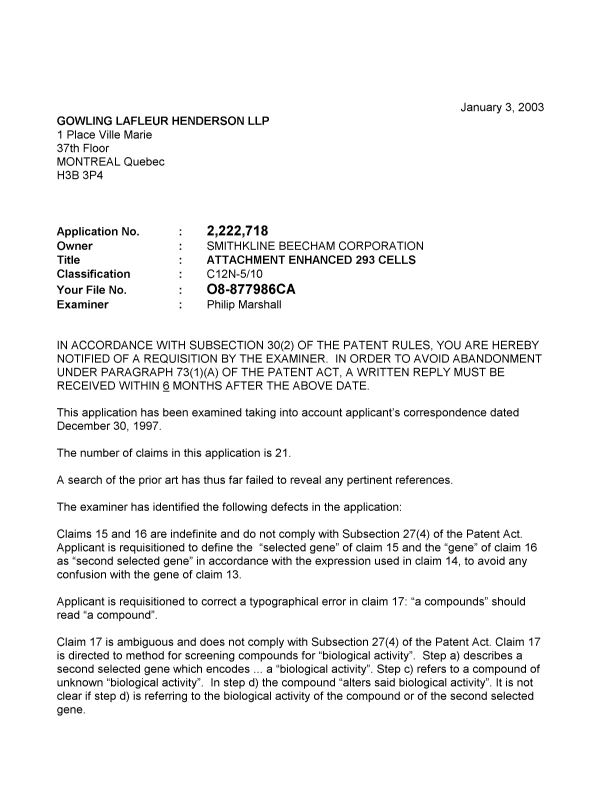 Canadian Patent Document 2222718. Prosecution-Amendment 20030103. Image 1 of 2