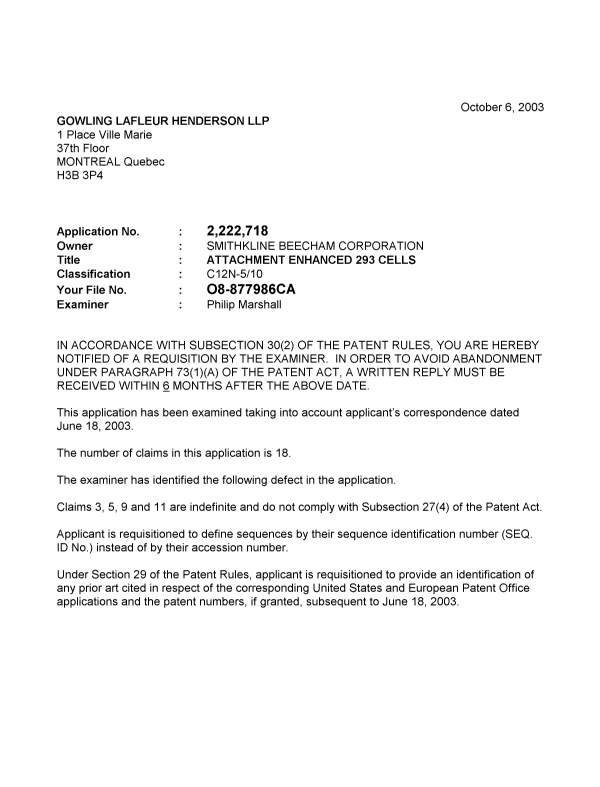 Canadian Patent Document 2222718. Prosecution-Amendment 20031006. Image 1 of 2