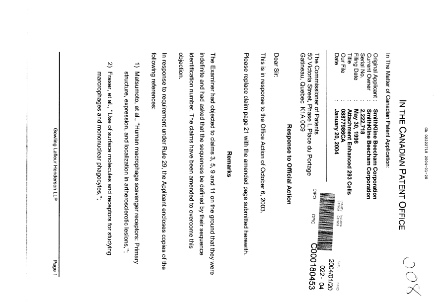 Document de brevet canadien 2222718. Poursuite-Amendment 20040120. Image 1 de 3