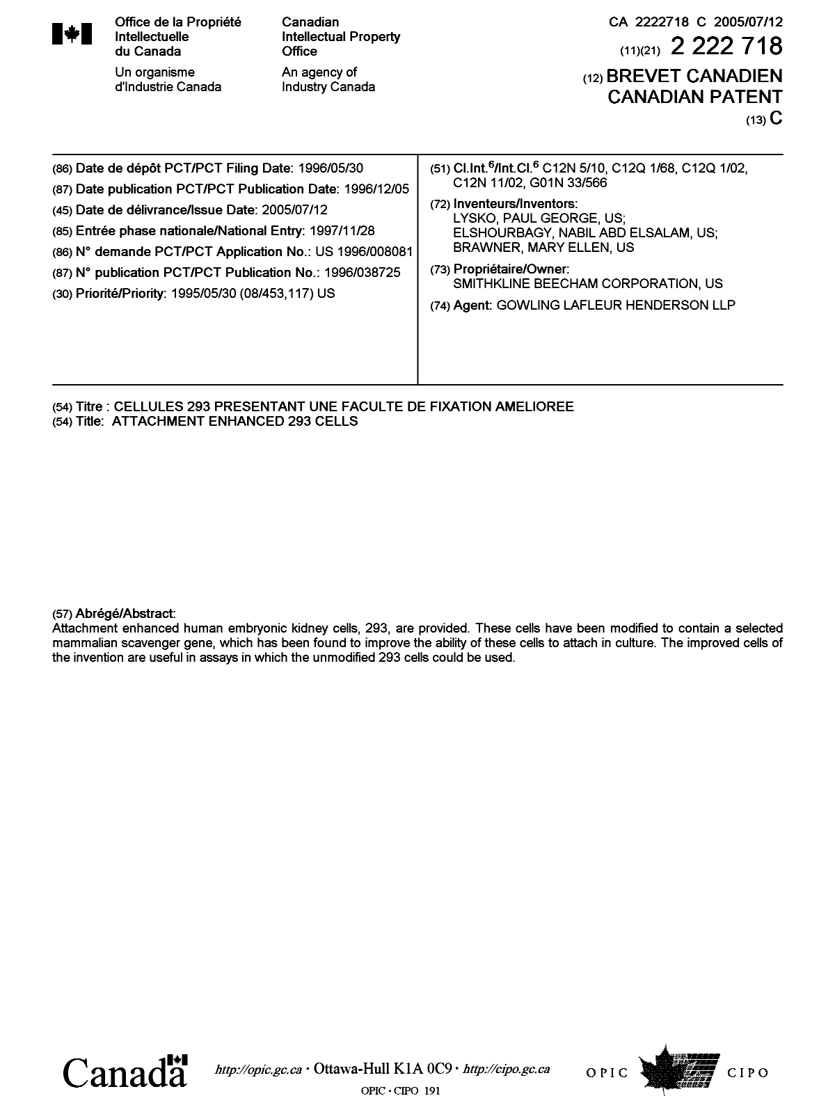 Document de brevet canadien 2222718. Page couverture 20050617. Image 1 de 1