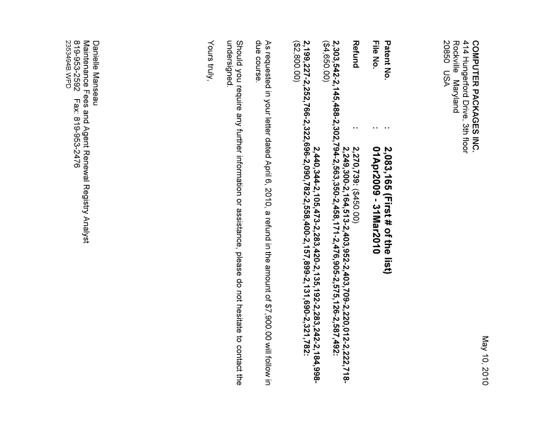 Document de brevet canadien 2222718. Correspondance 20100510. Image 1 de 1