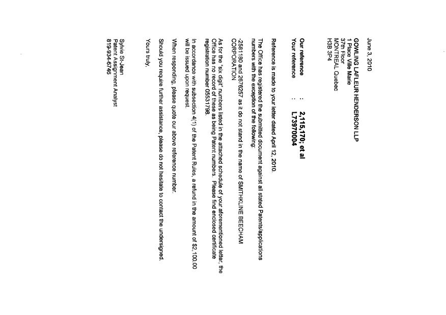 Document de brevet canadien 2222718. Correspondance 20100603. Image 1 de 4