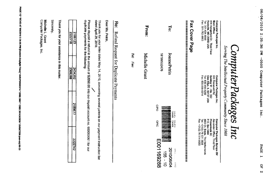 Document de brevet canadien 2222718. Correspondance 20100604. Image 1 de 2