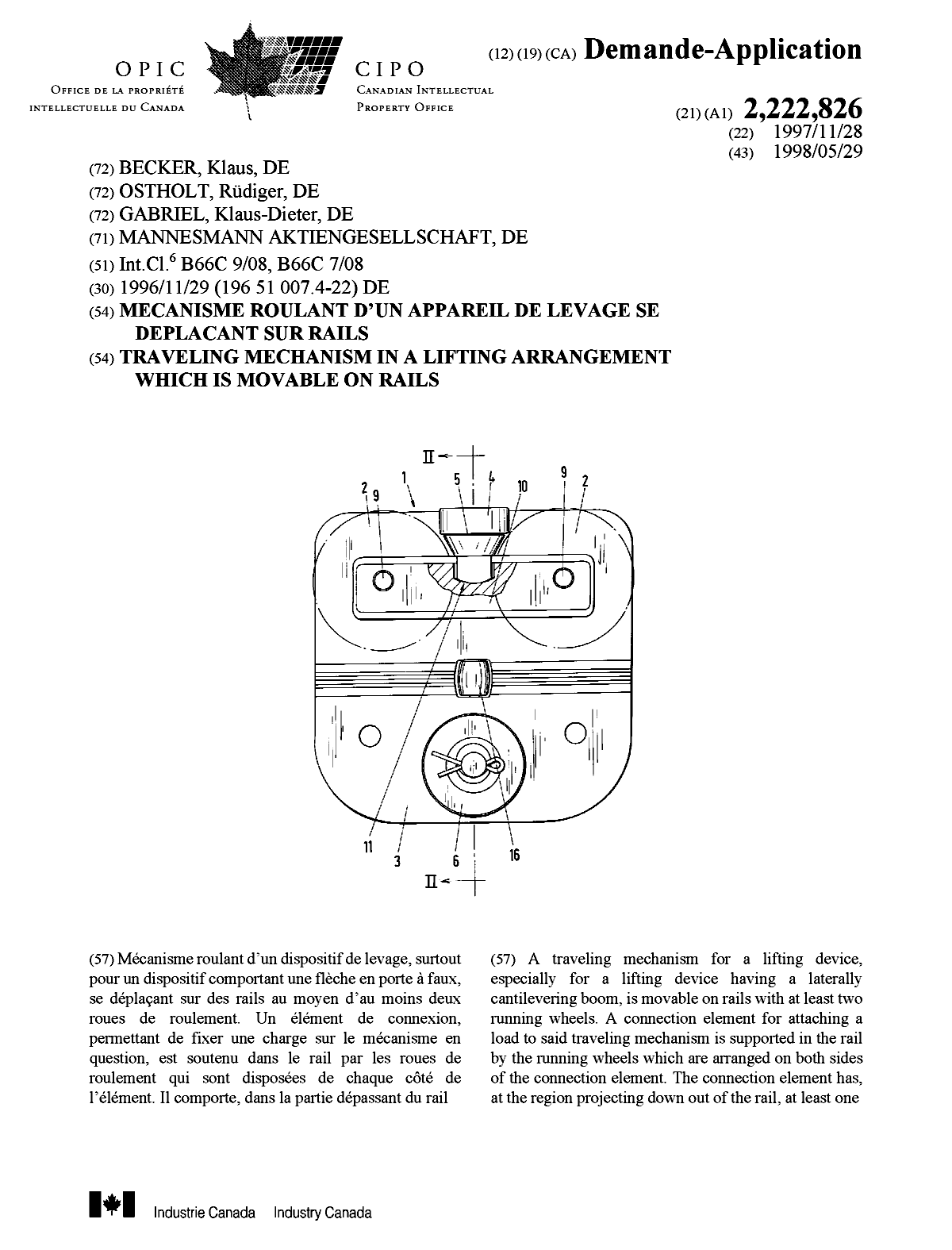 Canadian Patent Document 2222826. Cover Page 19980601. Image 1 of 2