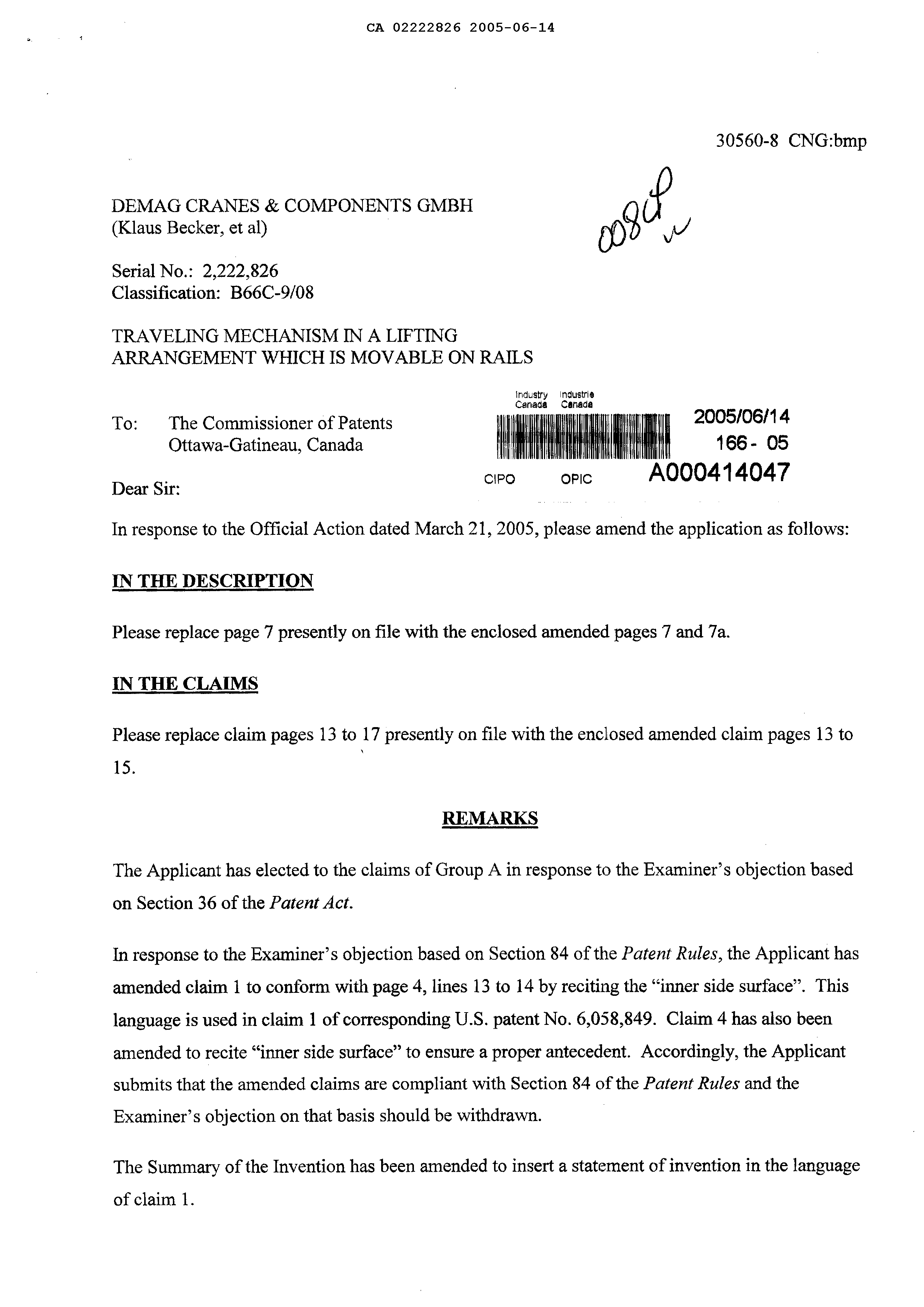 Canadian Patent Document 2222826. Prosecution-Amendment 20050614. Image 1 of 7