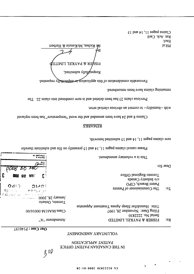 Canadian Patent Document 2222830. Prosecution-Amendment 20000128. Image 1 of 4