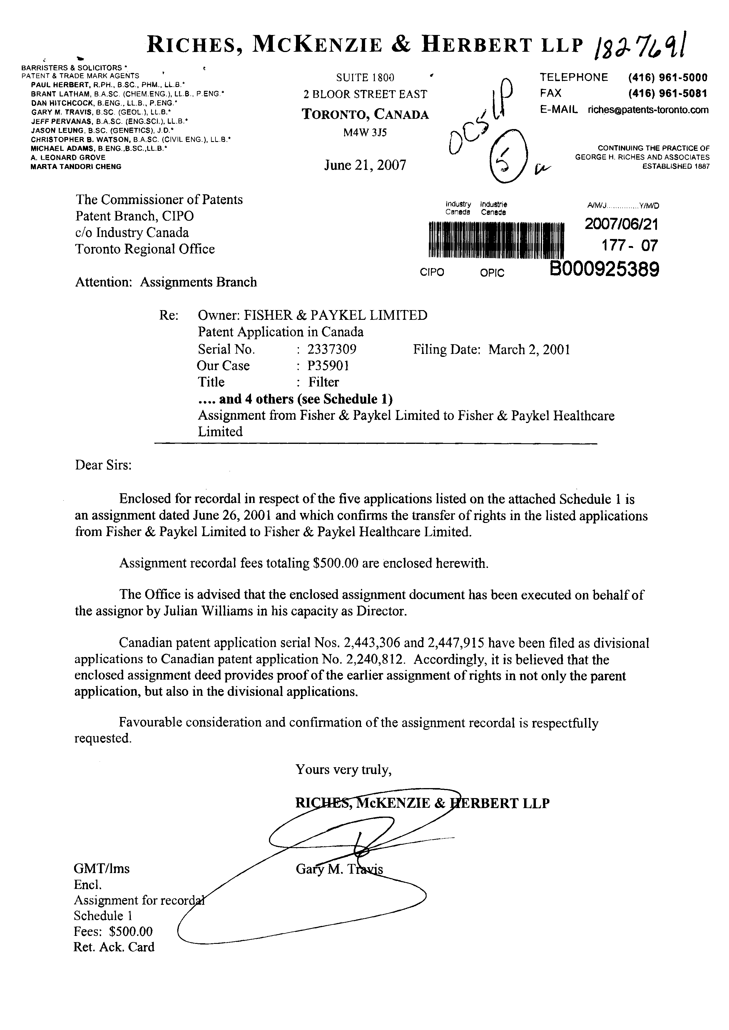 Canadian Patent Document 2222830. Assignment 20070621. Image 1 of 13