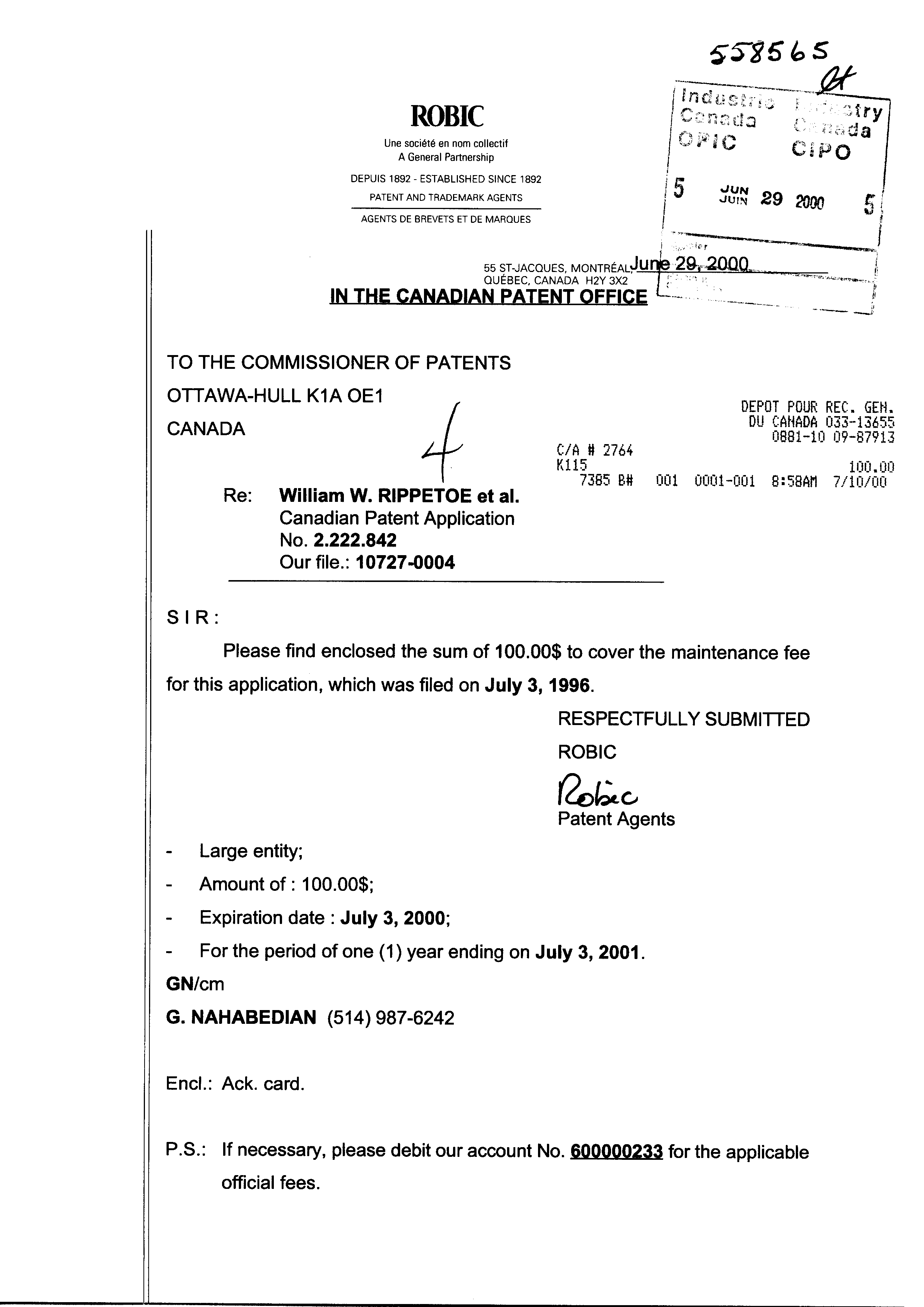 Canadian Patent Document 2222842. Fees 20000629. Image 1 of 1