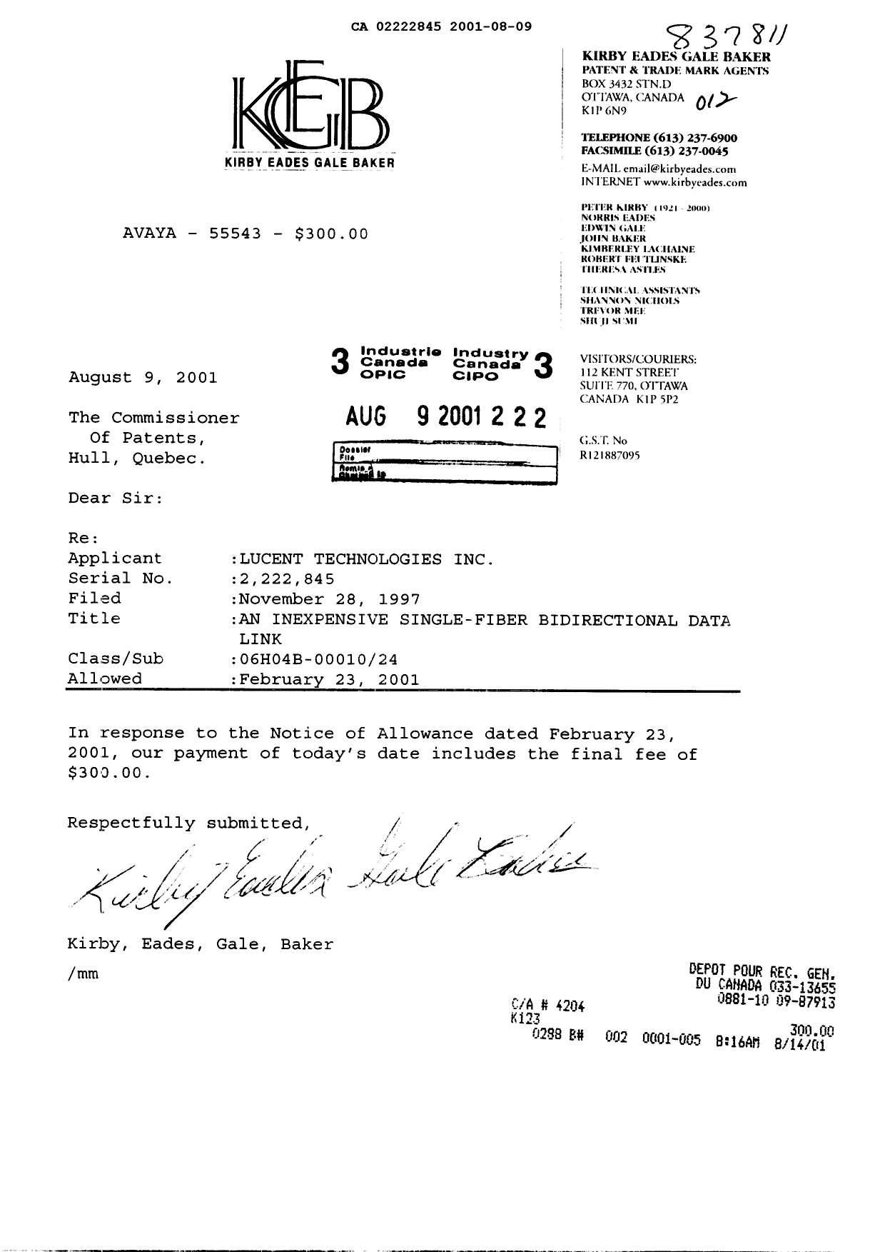 Document de brevet canadien 2222845. Correspondance 20010809. Image 1 de 1